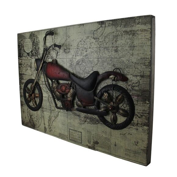 World of Adventure Vintage V-Twin Motorcycle Sculpture On Wood Map Wall Hanging - Picture 2 of 3